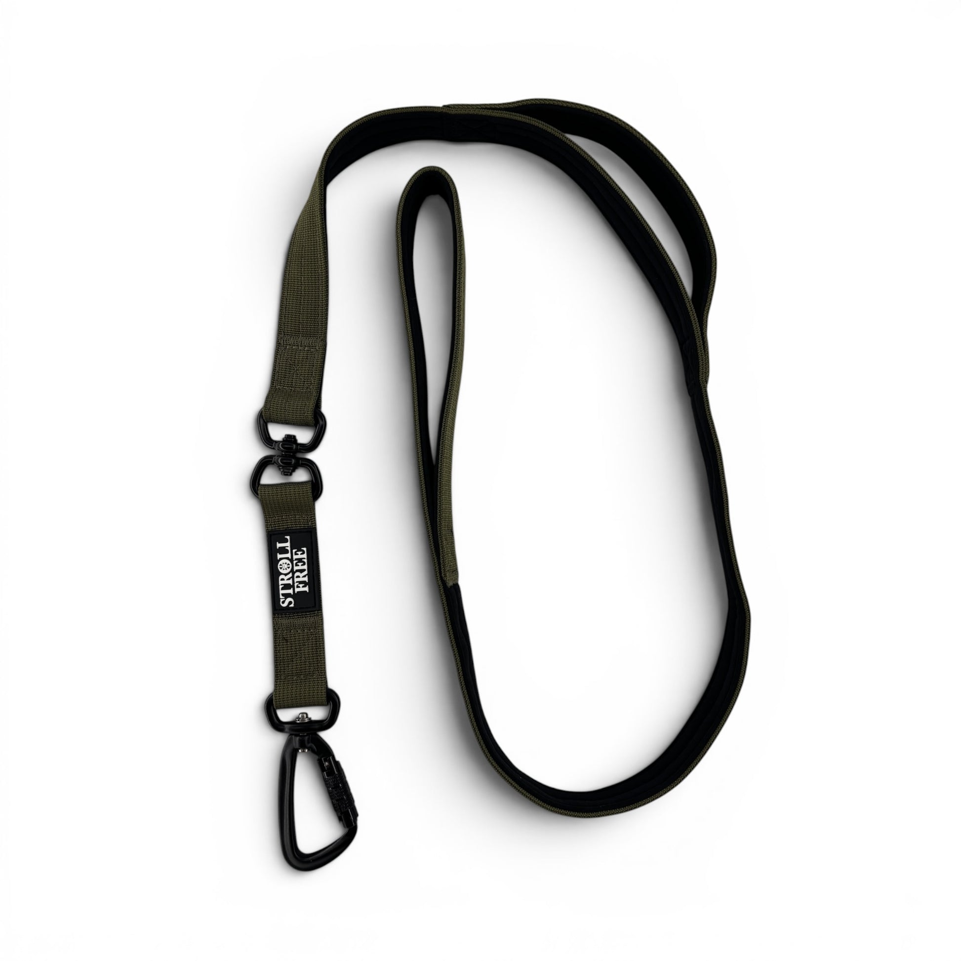 heavy-duty dog leash with dual handles, double swivel and auto-lock carabiner on white background
