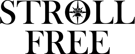 Black and white 'STROLL FREE' text with a paw print symbol on a white background