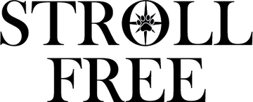 Black and white 'STROLL FREE' text with a paw print symbol on a white background