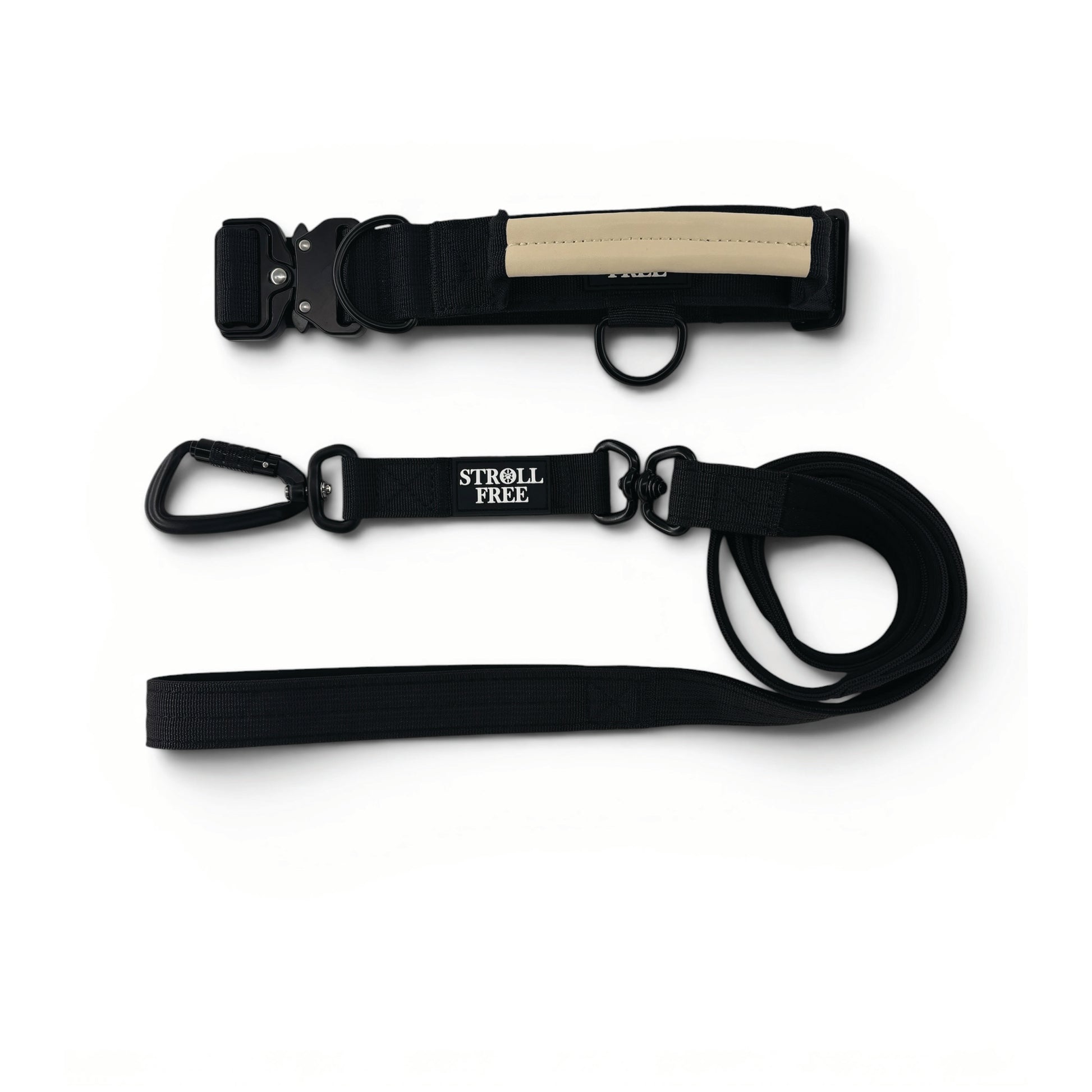 Northern Night Black heavy-duty dog collar and leash set with control handle on white background