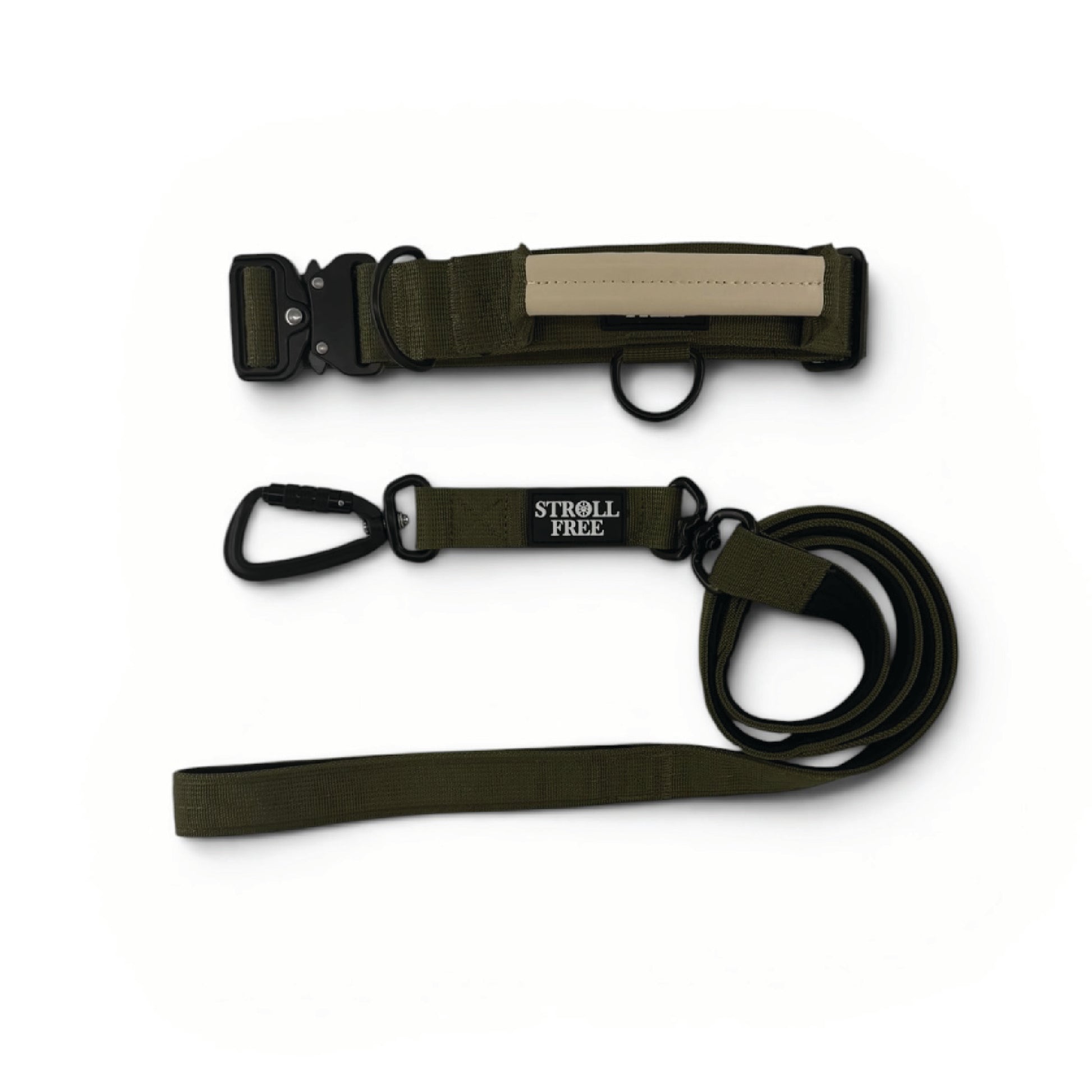 Algonquin Moss olive heavy-duty dog collar and leash set with control handle on white background