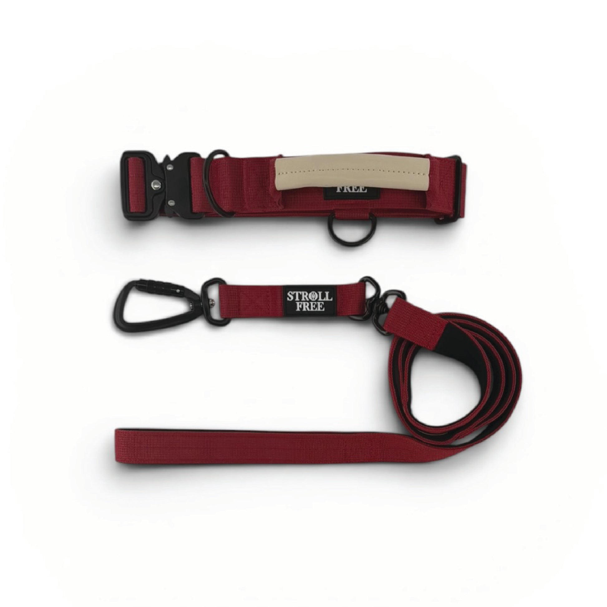 Sunset Point Red heavy-duty dog collar and leash set with control handle on white background