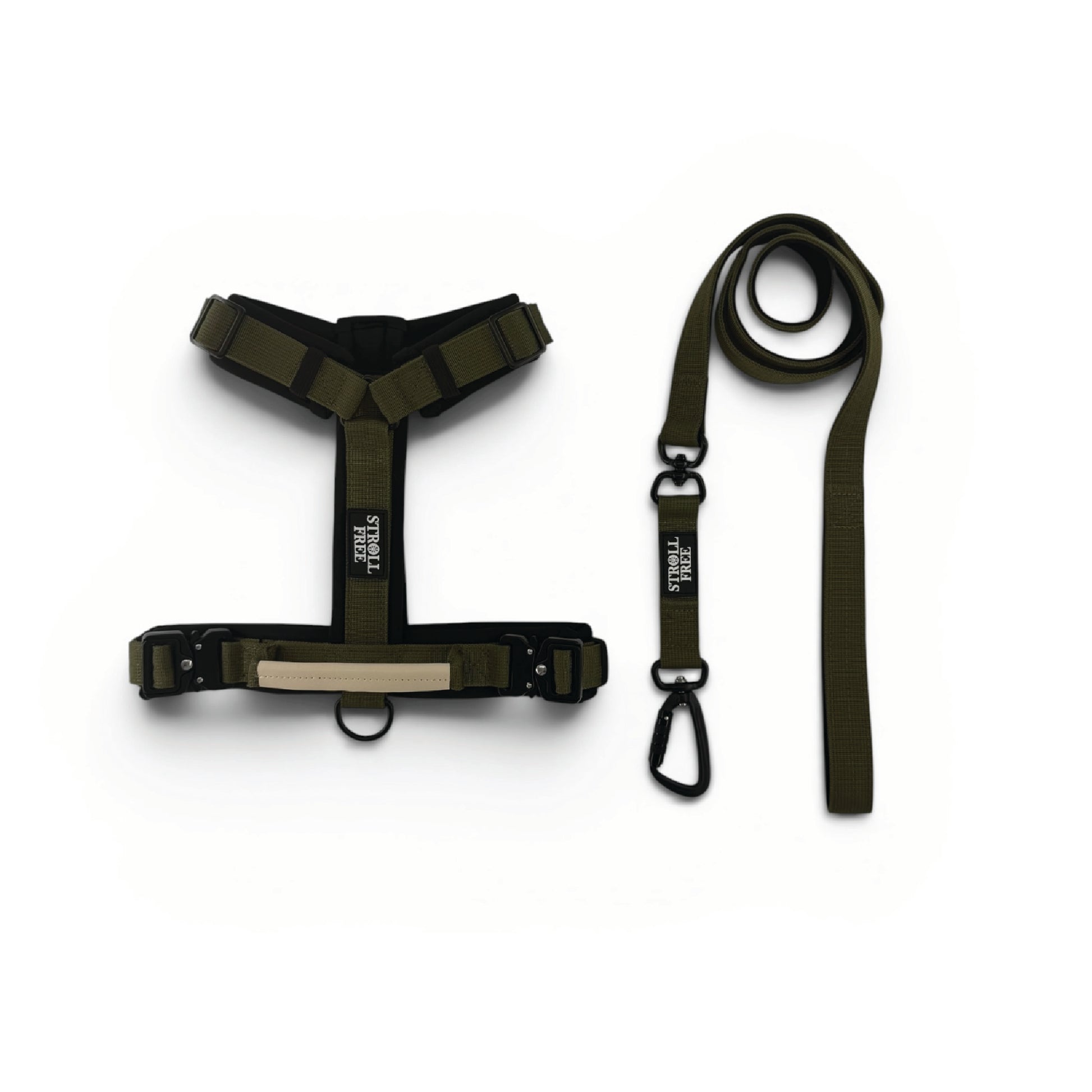 Algonquin Moss Olive Green heavy-duty dog harness and leash set on white background