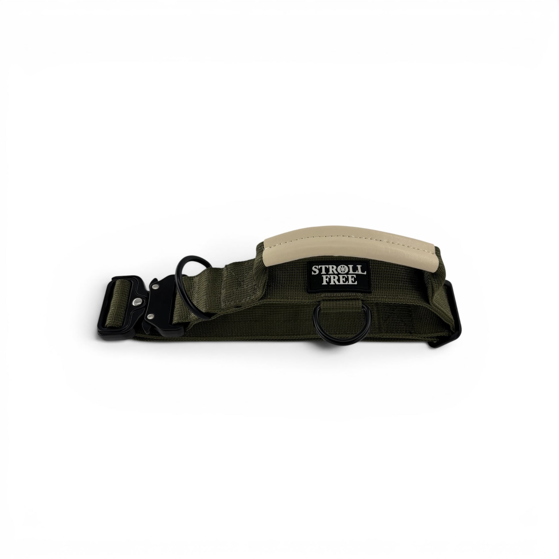 Algonquin Moss Olive heavy-duty dog collar with control handle on a white background