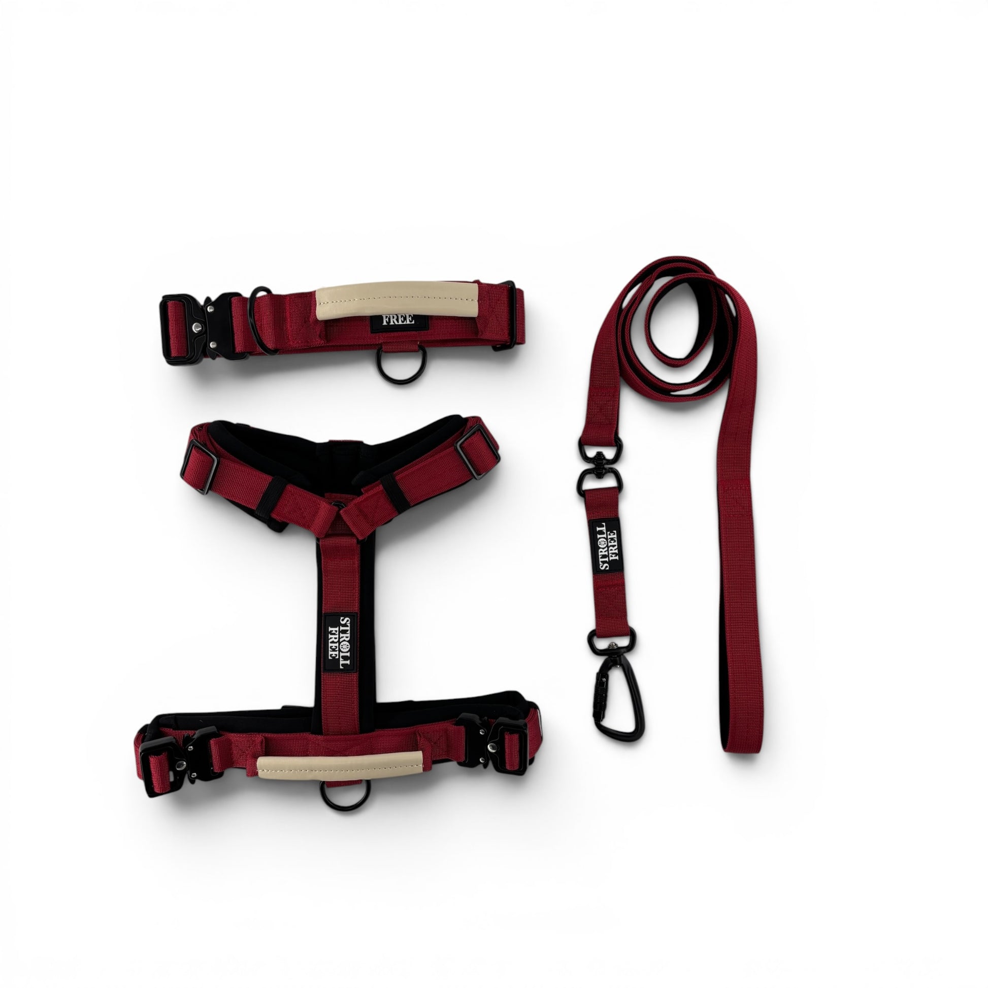 Sunset Point Red dog harness, collar and leash set with control handle on white background