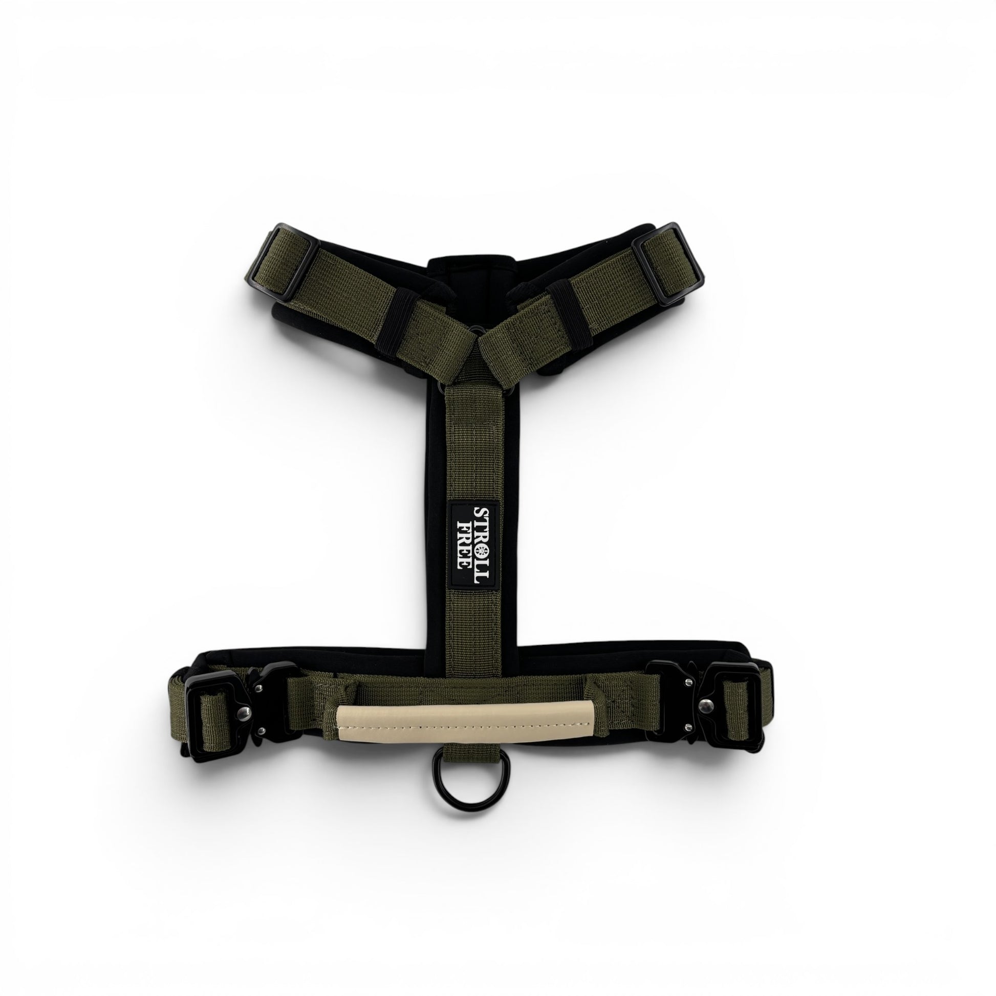 Algonquin Moss Olive heavy-duty dog harness with control handle on white background
