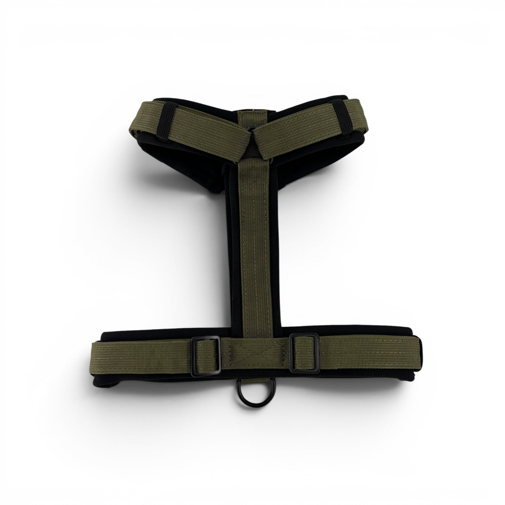 Algonquin Moss olive heavy-duty dog harness back view on white background