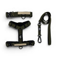 Algonquin Moss olive Dog harness, collar and leash set with control handle on a white background