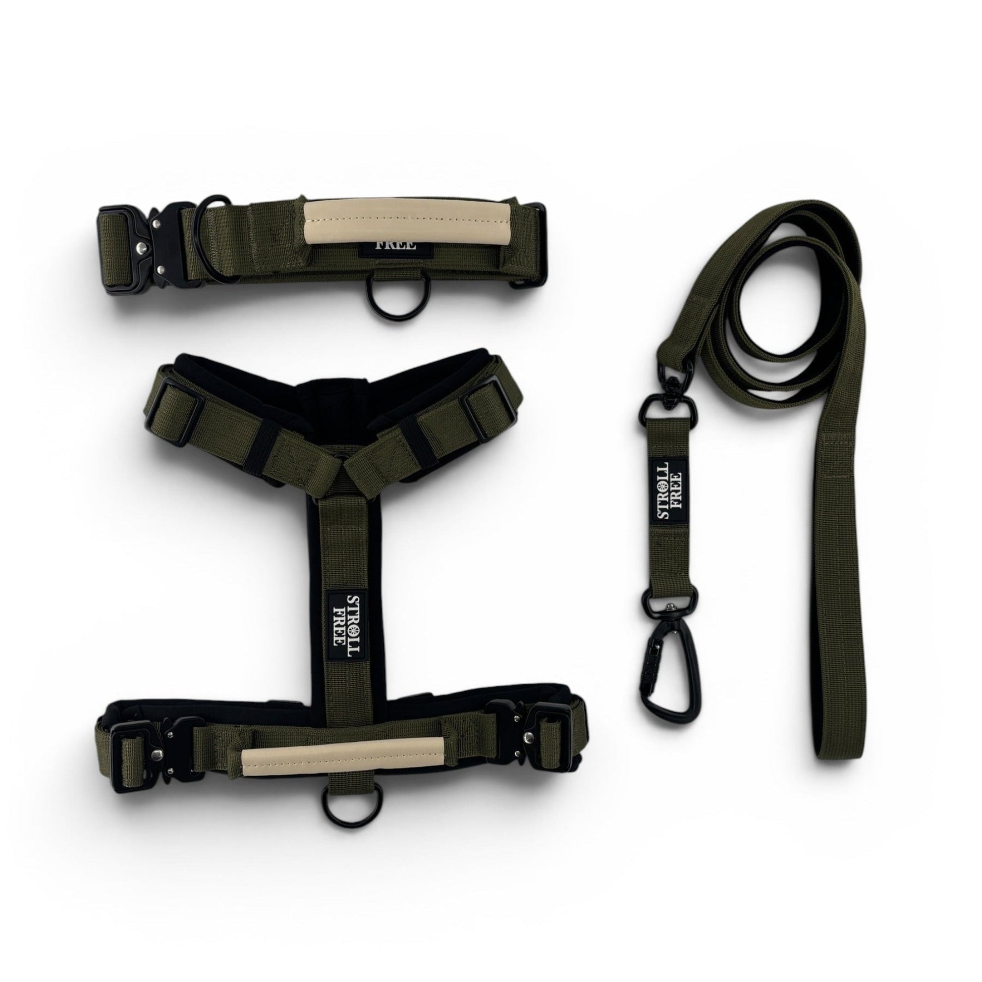 Algonquin Moss olive Dog harness, collar and leash set with control handle on a white background