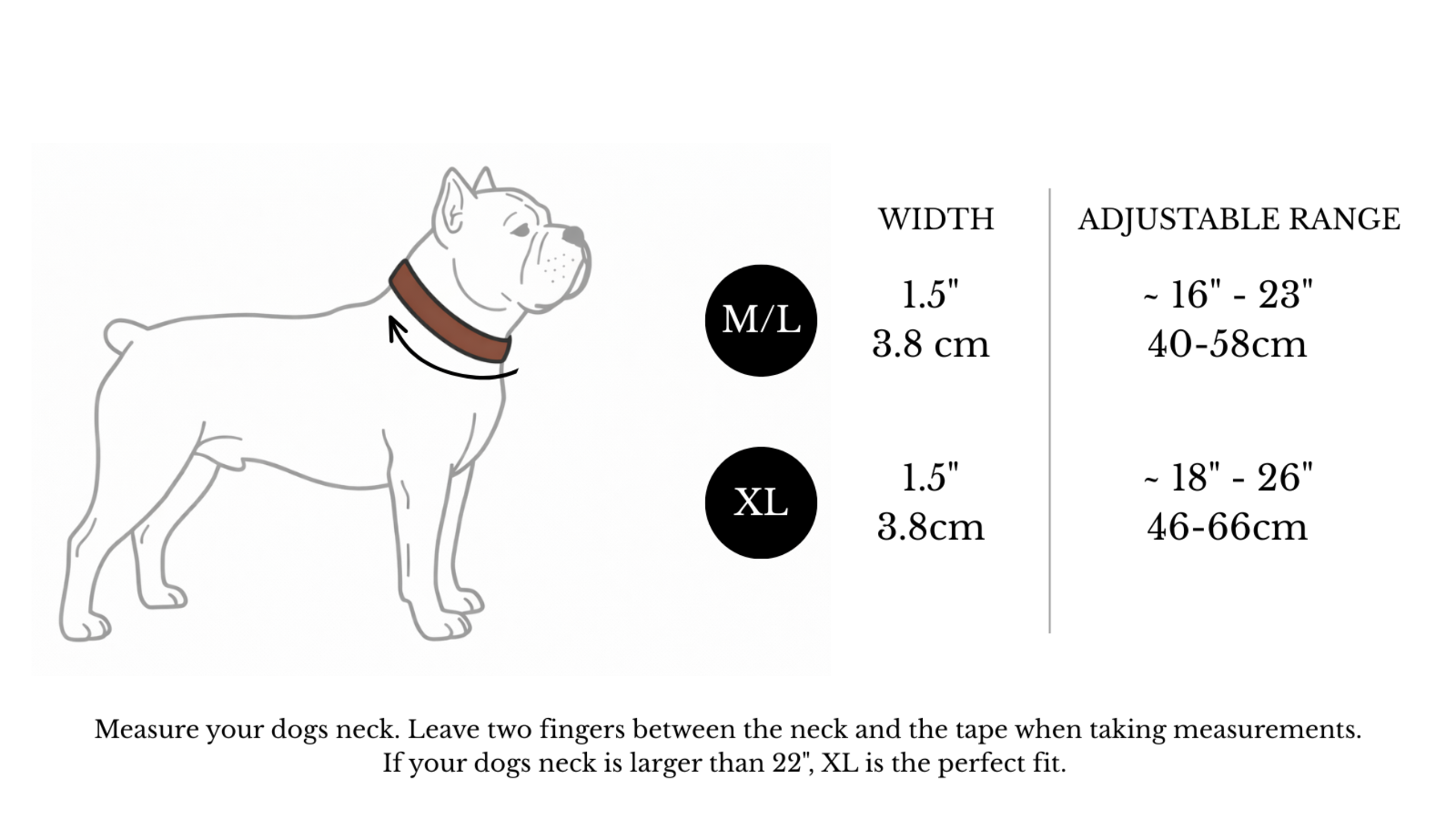 Dog collar size chart with measurements for M/L and XL sizes on a white background.