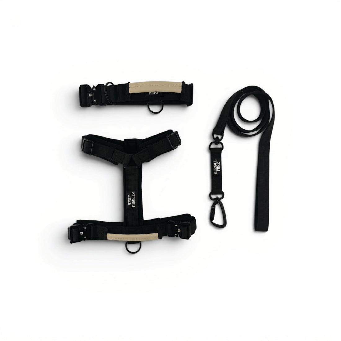 Northern Night black dog harness, collar and leash set with control handle on white background