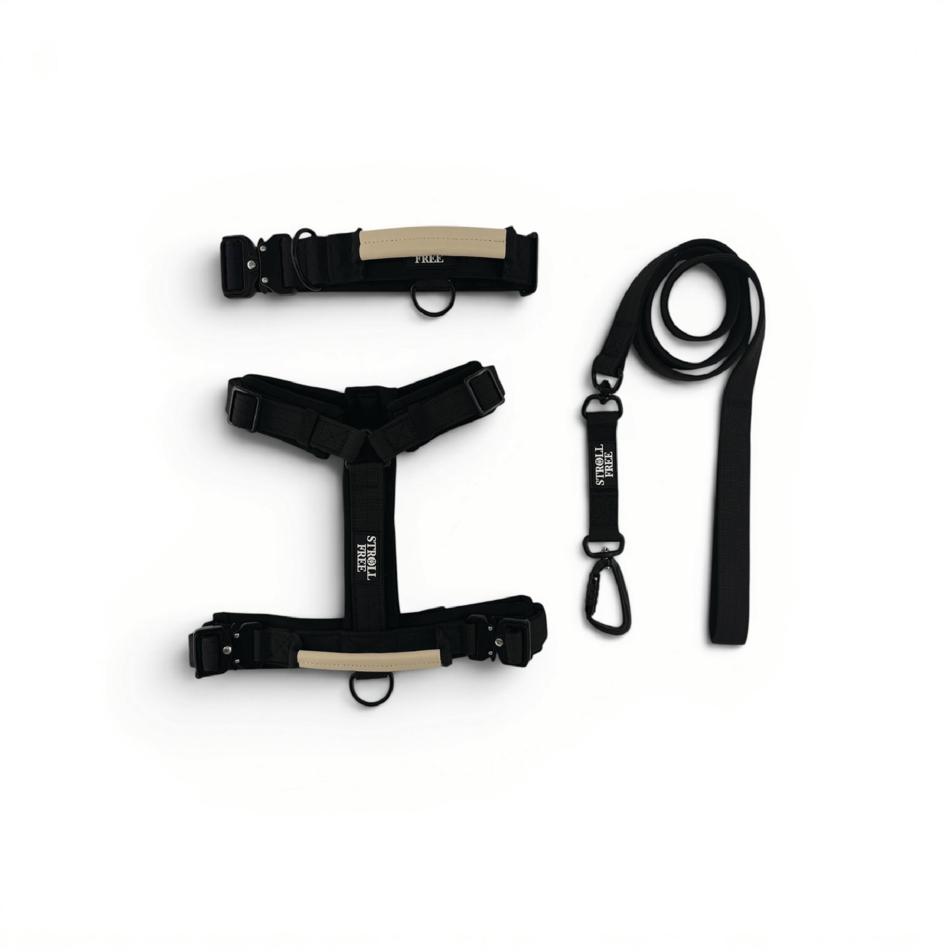 Northern Night black dog harness, collar and leash set with control handle on white background