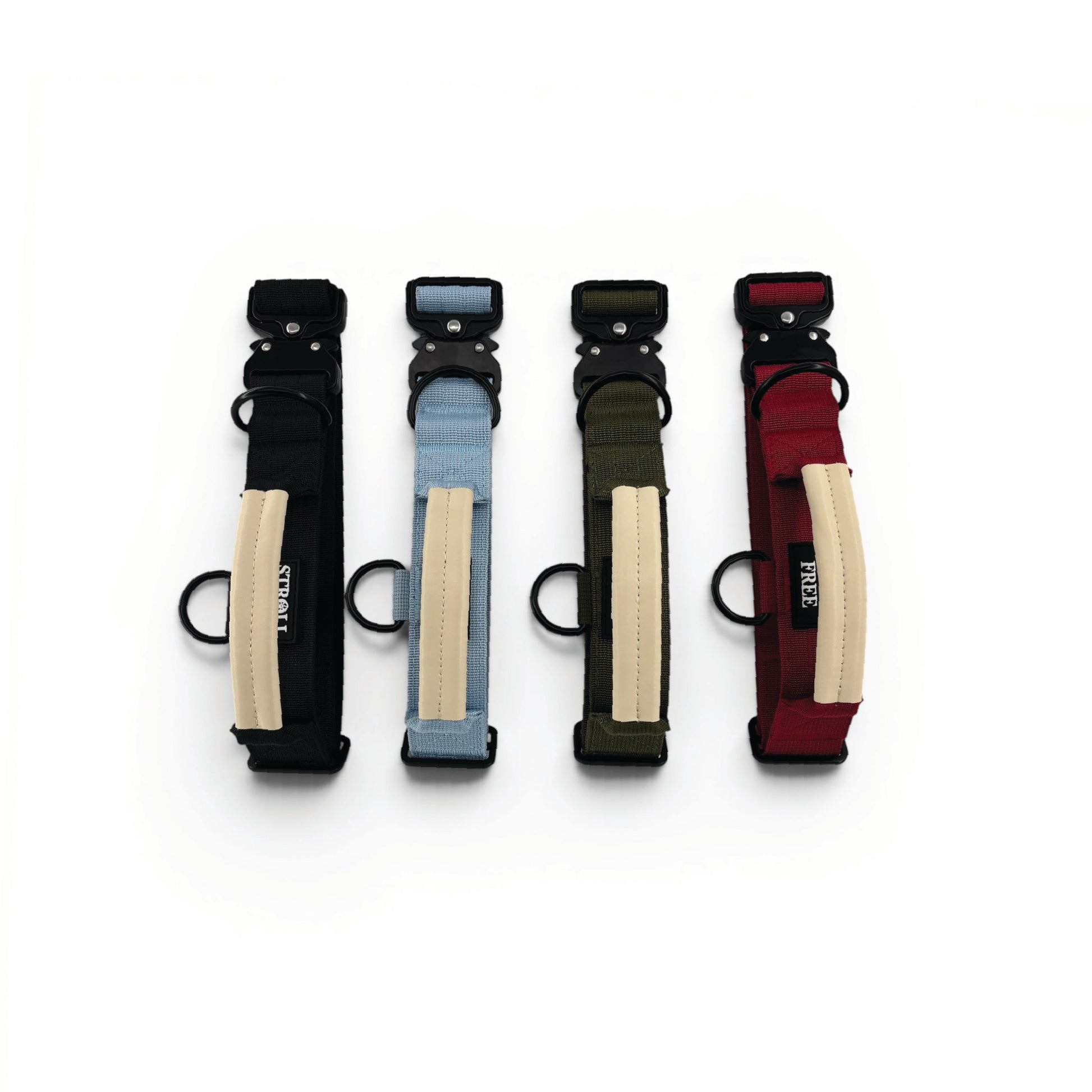 Heavy-duty dog collars in Northern Night Black, Muskoka Mist Blue, Algonquin Moss Olive, and Sunset Point Red with control handle on a white background